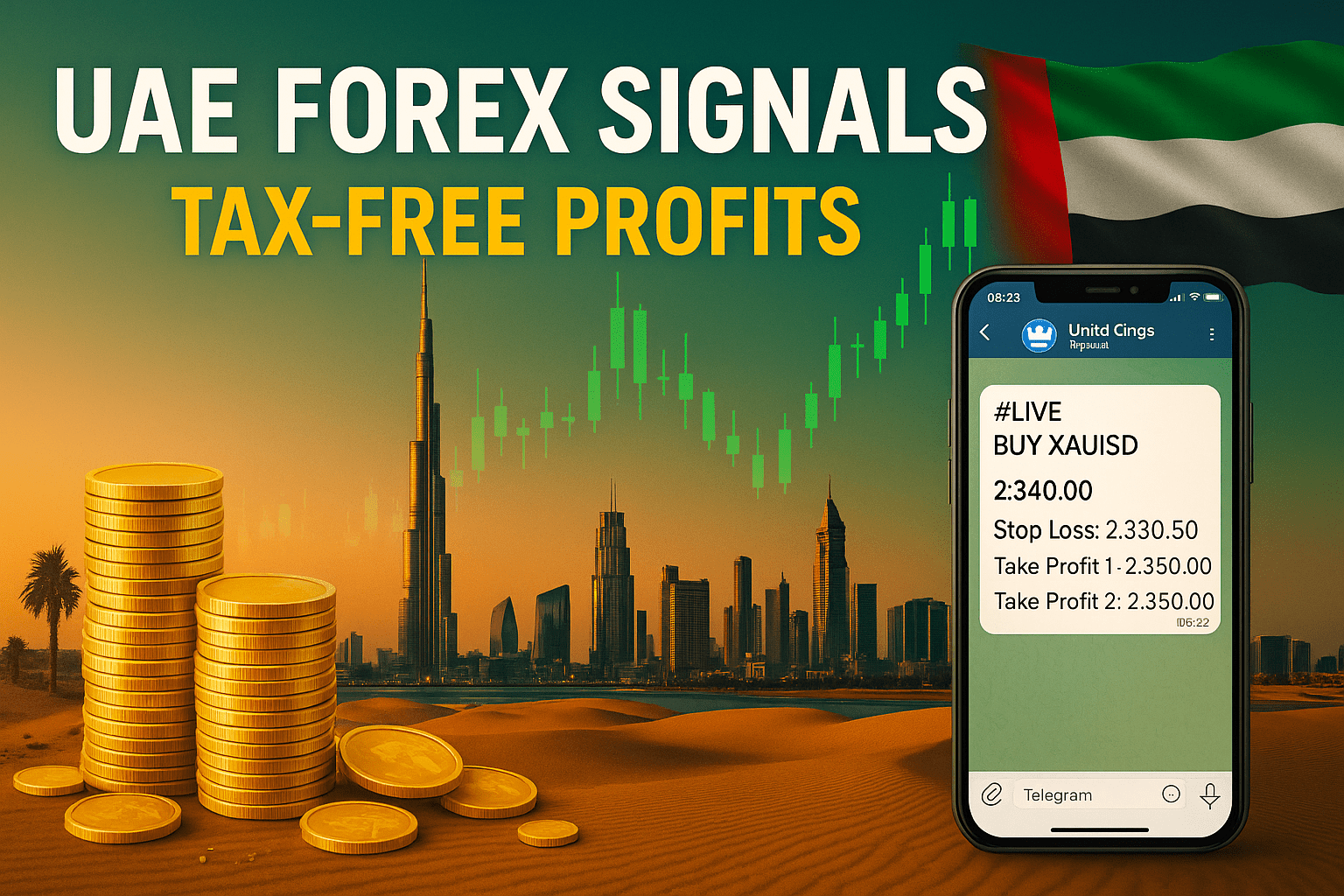 Forex signals for UK traders 2025 with live XAUUSD chart and mobile alerts in a dark trading room
