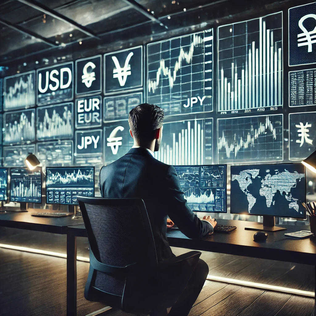 Professional Forex trader analyzing multiple screens with real-time charts, currency pairs, and market data in a modern trading workstation. The focused trader represents expertise in Forex trading, with USD, EUR, and JPY symbols visible on the screens, illustrating a high-tech financial environment.
