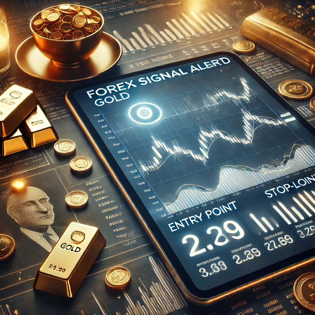 Tablet displaying a Forex Signal alert for gold with entry and stop-loss points, surrounded by gold coins, economic data, and a financial news ticker.