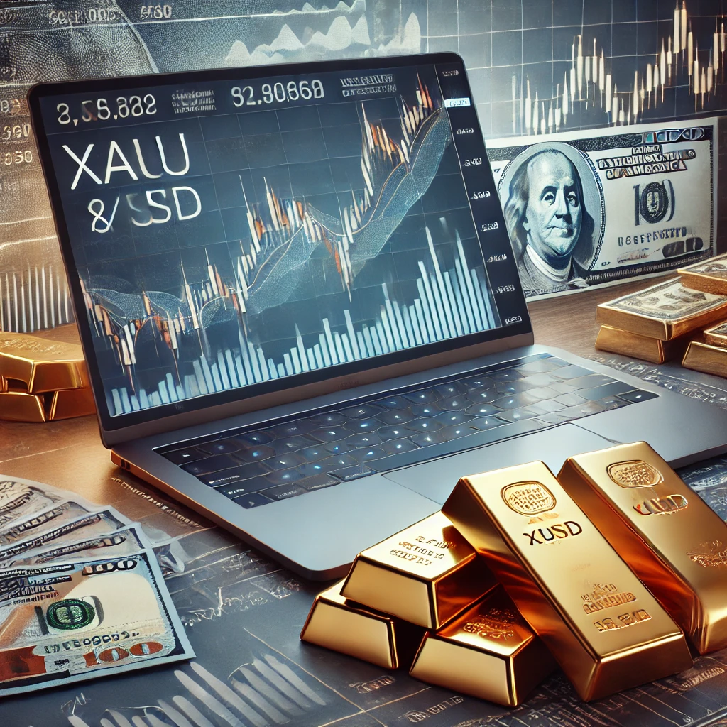 A modern trading workspace featuring a sleek laptop with a detailed XAU/USD trading chart, gold bars, U.S. dollar bills, and a smartphone displaying Forex signals. The professional setup highlights gold trading, financial analysis, and wealth-building opportunities.