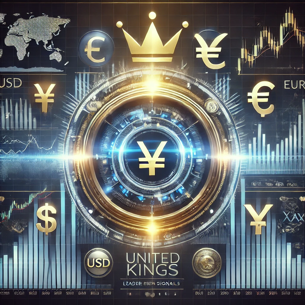 Futuristic digital dashboard showcasing Forex trading signals with currency symbols, trading charts, and gold, symbolizing United Kings as the leader in the Forex community.