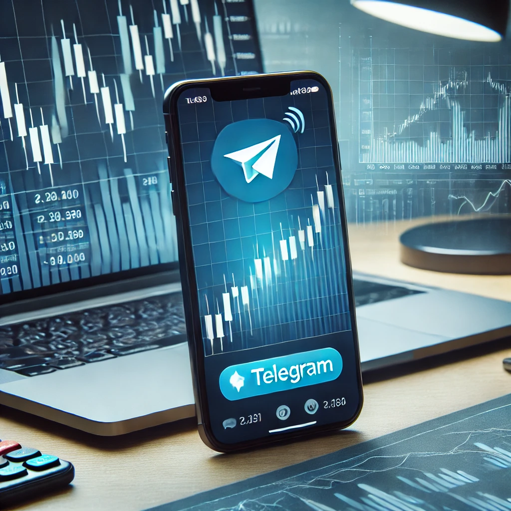 A smartphone displaying a Forex trading signal notification from Telegram, placed next to a laptop with a trading platform, surrounded by financial charts.
