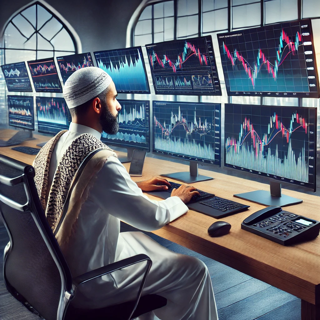 A professional Muslim trader in traditional attire analyzing forex charts on multiple monitors in a modern trading setup. The workspace is sleek and well-organized, reflecting a serious and successful trader focused on halal forex trading.