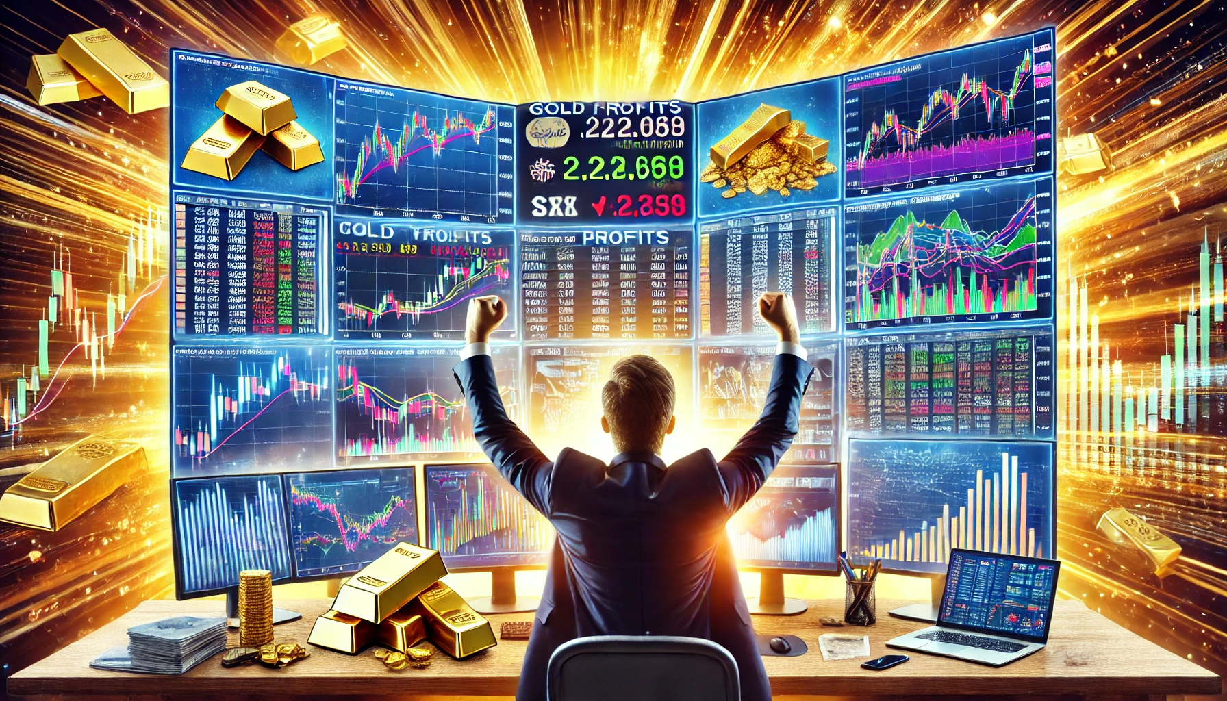 Enthusiastic trader celebrating in front of multiple screens showing significant profits from gold trading, emphasizing successful short-term trading opportunities.