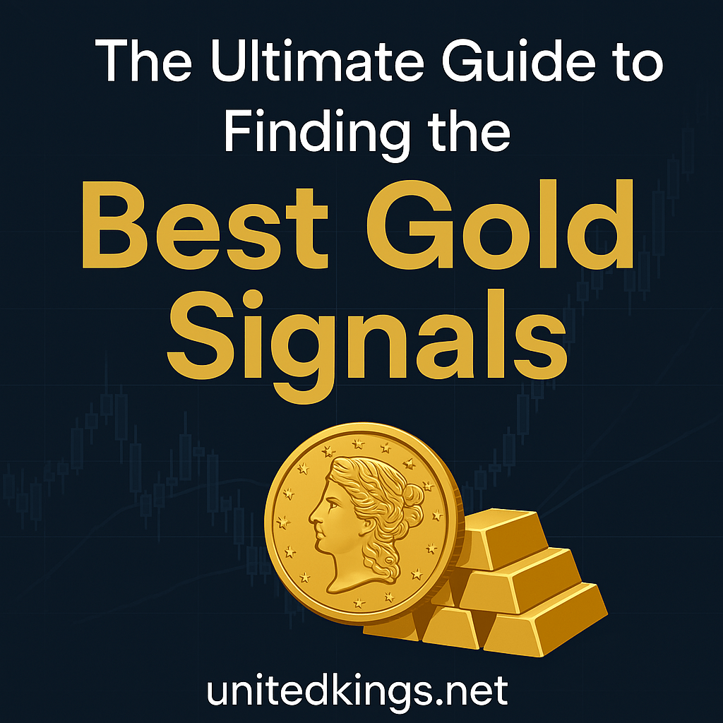Promotional graphic for "The Ultimate Guide to Finding the Best Gold Signals" featuring gold bars and coins, highlighting United Kings as the top provider with their website unitedkings.net.
