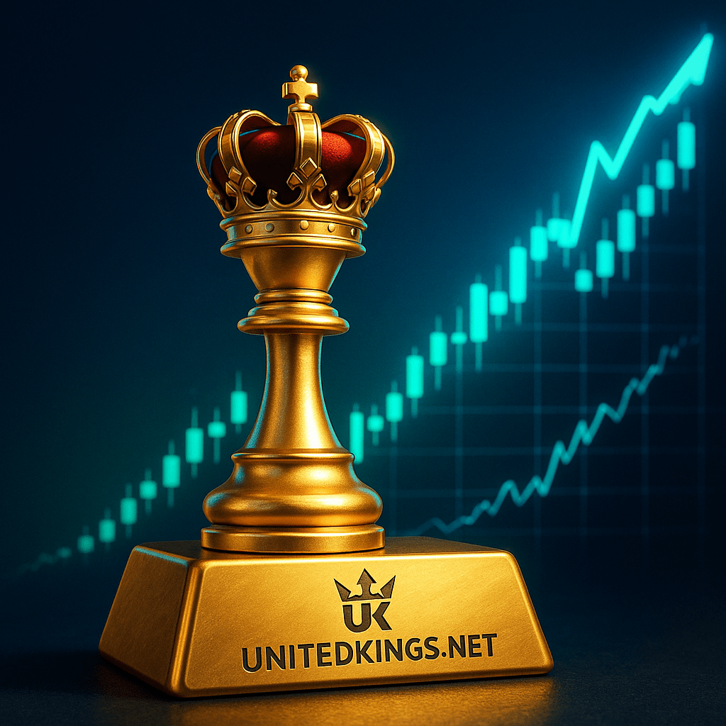Close-up of a trader’s hand holding a smartphone with Telegram notifications of XAU/USD trades from UnitedKings.net, overlaid on a holographic chart showing the 2025 bullish gold forecast toward $3,350–$3,400.