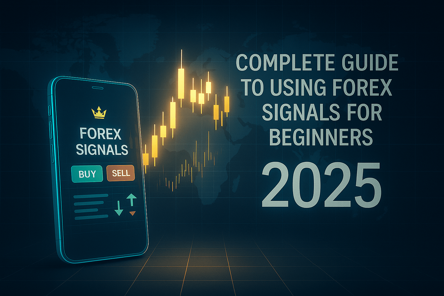 Futuristic banner showing a smartphone with forex-signal buttons, glowing candlestick chart, and the title ‘Complete Guide to Using Forex Signals for Beginners 2025’ against a navy world-map grid; styled in United Kings colors.