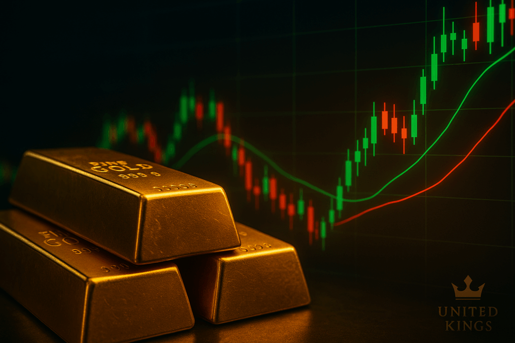 Photorealistic stack of fine-gold bars in the foreground with a glowing green-and-red candlestick chart surging upward behind them; subtle United Kings™ watermark in the corner — illustrating 2025’s bullish gold trend highlighted in the article.