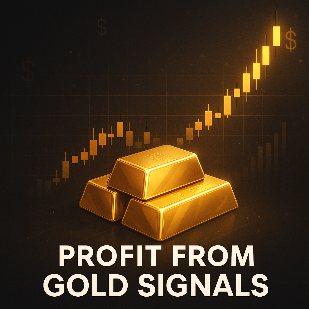 Profit from gold signals — gold bars and rising candlestick chart illustration