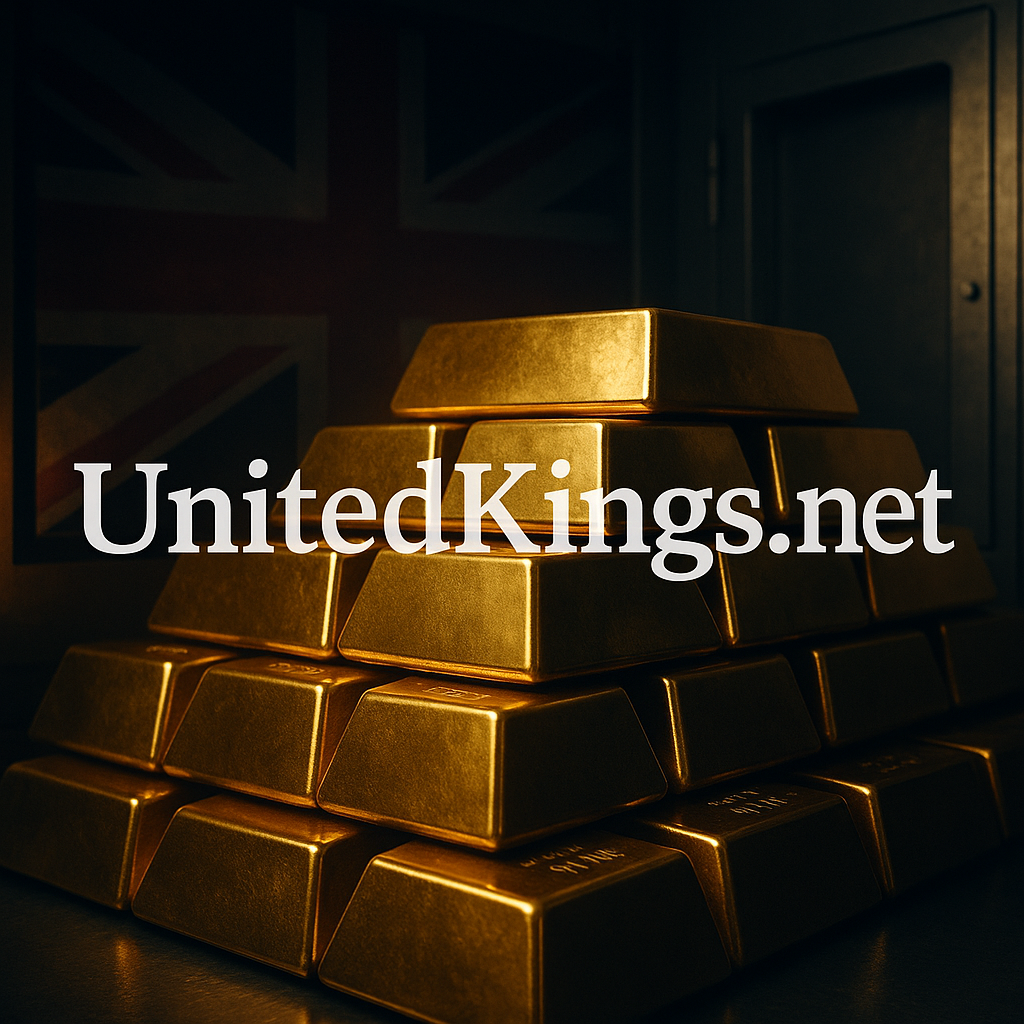 Photograph-style illustration of neatly stacked gold bars inside a modern vault; a faded Union Jack forms the backdrop while the words “UnitedKings.net” sit boldly across the scene.