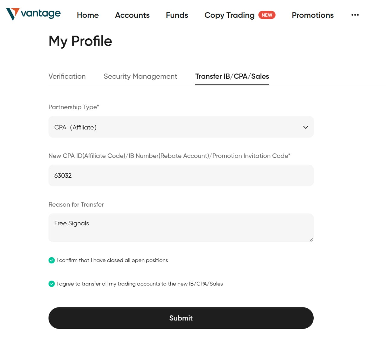 Transfer IB/CPA/Sales screen in Vantage