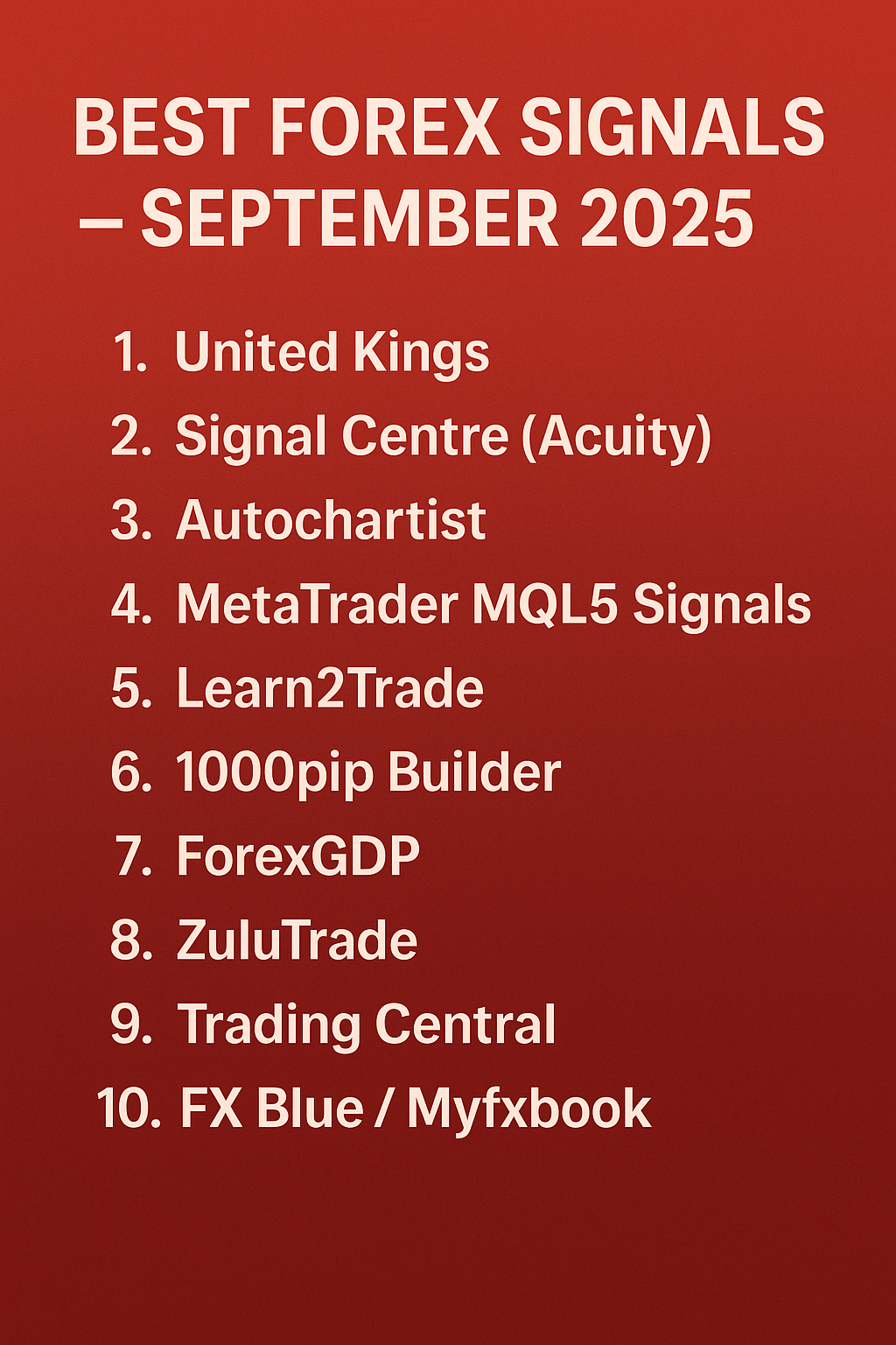 Digital infographic highlighting the top forex signal providers for September 2025, showing United Kings as the best overall and best for Gold (XAUUSD), with other providers such as Signal Centre, Autochartist, and MQL5 also ranked.